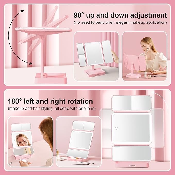 StellarHorizon Makeup Mirror Vanity Mirror with Lights, 83 LEDs, 360-Degree Uniform Fill Light, 3-Color Lighting, Touch Control, Trifold Makeup Mirror,Portable Led Travel Mirror，Women Gift