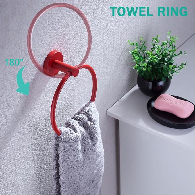 Red Bathroom Accessories Set,5 Pieces Bathroom Hardware Set,24 inch Towel Bar,Towel Ring for Bathroom,Robe Towel Hooks,Toilet Paper Holder Wall Mounted(Drilling),SE96006S-5RED