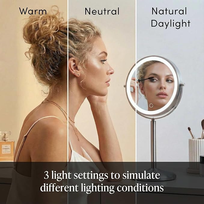 Fancii 9-Inch Lighted Makeup Mirror Height Adjustable with 10X /1X Magnification - Rechargeable, Double Sided LED Vanity Mirror with Light and Stand, 360° Swivel