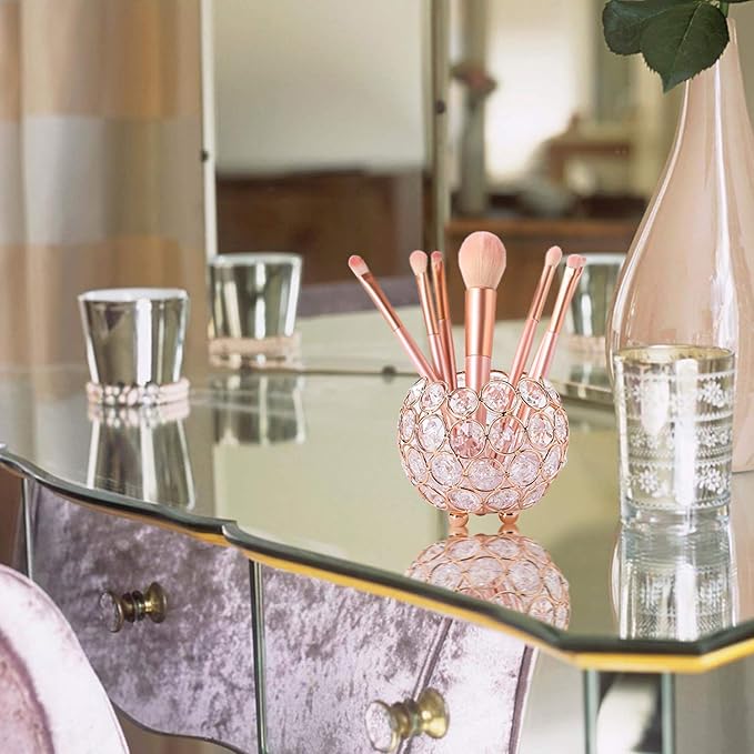 Crystal Makeup Brush Holder Organizer Cosmetics Brushes Storage Cup Handcrafted Pen Pencil Holder Storage Box Container (Gold, Spherical)