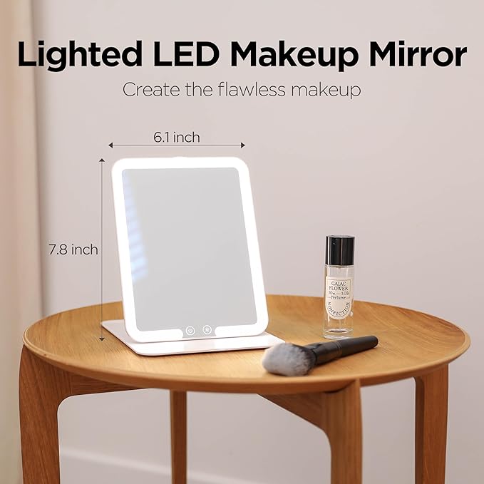 mooas Travel Makeup Mirror, Portable LED Lighted Vanity Mirror, 6.1×7.83 in Slim Foldable Mirror with Touch Control, 3-Color Dimmable Lighting, Rechargeable USB-C, Pouch Included, White (Square)