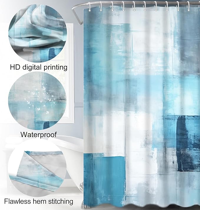 Lnond 4Pcs Bathroom Shower Curtain Sets with Rugs,Turquoise White Painting Art Bathroom Sets with Shower Curtain and Rugs and Accessories