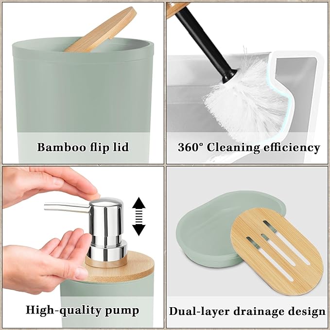 Britimes Bathroom Accessories Sets, Sage Green Shower Curtain Set with Trash Can, Soap Dispenser, Toilet Brush Holder, Toothbrush Holder and Toothbrush Cup for Bathroom Decor (Green)