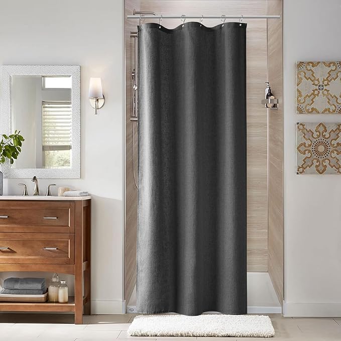 Naturoom Dark Grey 36 Inch Shower Curtain - Stall Narrow Half Linen Ultra Thick Fabric Shower Curtain Set with Hooks, Boho Farmhouse Rustic RV Camper Bath Curtains for Bathroom, 36x72