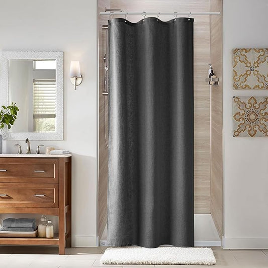 Naturoom Dark Grey 36 Inch Shower Curtain - Stall Narrow Half Linen Ultra Thick Fabric Shower Curtain Set with Hooks, Boho Farmhouse Rustic RV Camper Bath Curtains for Bathroom, 36x72