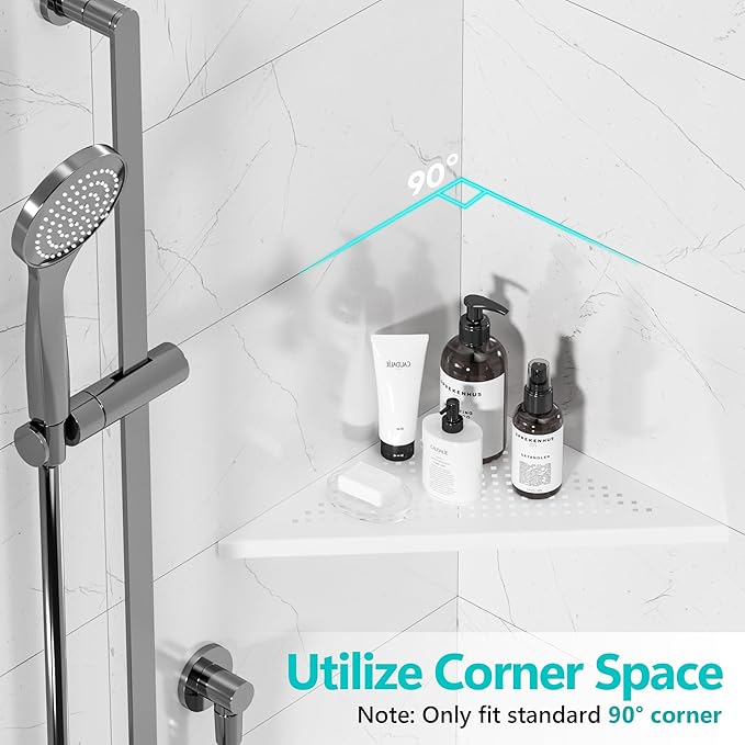Qeke Bathroom Corner Shelf, Recessed 12" Shower Shelf Caddy, SUS304 Stainless Steel Shelf Wall Mount Triangular, No Drilling, Matte White
