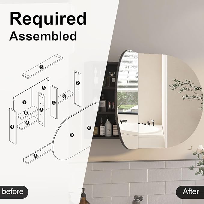 Oval Medicine Cabinet with Mirror for Bathroom,Bathroom Medicine Cabinet,Oval Mirror Cabinet Wall Mounted with 3 Storage,2 Doors,Black