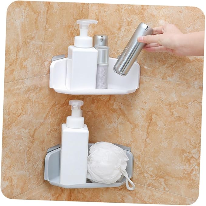 OSALADI 2sets No Punching Triangle Plastic Storage Mounted Corner Shelf for Bathroom Kitchen Grey White Durable Draining Design Easy Installation Modern Style 2pcs*2