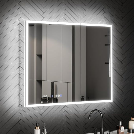 ExBrite 40 x 32 Lighted Medicine Cabinet with Mirror, Front&Backlit led Medicine Cabinet,Clock Temp Display,Defog,5X Magnifier,3 Colors Temper Dimmable,Surface or Recessed Mount,Door Wide Open