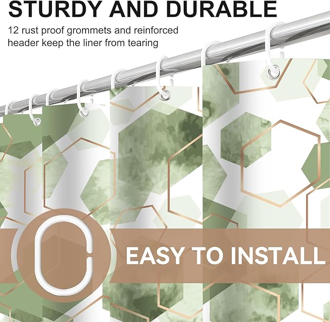 Muuyi 4Pcs Sage Green Geometric Shower Curtain Set, Neutral Modern Art Deco Shower Curtain with Hooks, Elegant Trendy Simple Bathroom Sets with Shower Curtain and Rugs, 71 * 71in