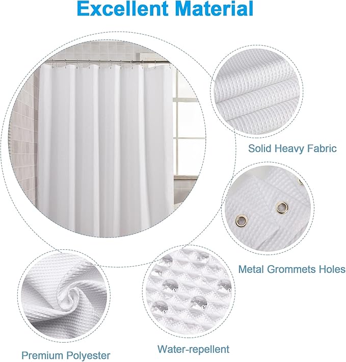 AmazerBath Short Shower Curtain 72x65 Inches, White Shower Curtain Waffle Textured, Heavy Duty 240GSM, Fabric Shower Curtain, Hotel Quality Bathroom Shower Curtains, Thick and Heavy