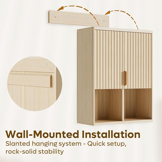 Besiter Fluted Bathroom Wall Cabinet, 23"x 29" Wall Mounted Medicine Cabinet with 2 Doors & Adjustable Shelves, Over The Toilet Storage Cabinet for Laundry Rroom, Kitchen & Living Room, Natural Oak