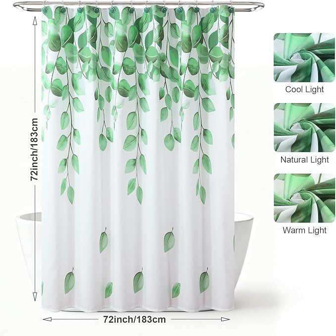 Green Leaf Fabric Shower Curtain, Watercolor Eucalyptus Leaves Plant Shower Curtain, Waterproof Decorative Boho Botanical Bathroom Curtains, 72" W x 72" H