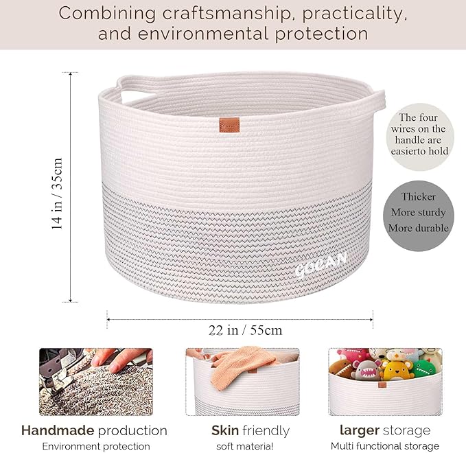 GOCAN Extra Large Laundry Basket 22" X 22"X 14" XXXL Cotton Rope Woven Basket for Blankets Storage Basket with Handles for Living Room (Beige)