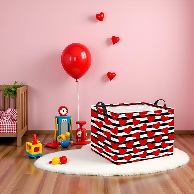 Rectangular Valentines Basket for Women Girls Storage Bin Organizer Box Shelf Room Decor(Black Red Heart)