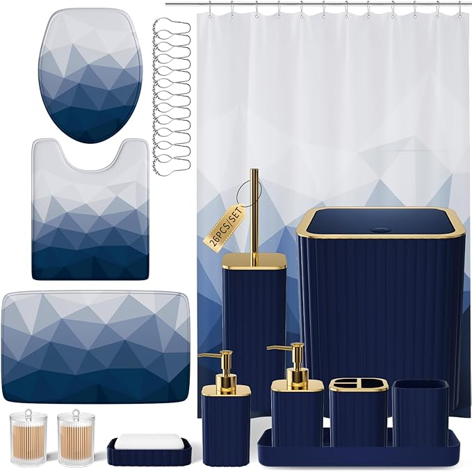 XLHOMO Bathroom Accessory Set - 26PC Bathroom Shower Curtain and Rug Set, Bathroom Accessories Set, Navy Blue Bathroom Set with Trash Can, Toilet Brush, Qtip Holder & Soap Dispenser