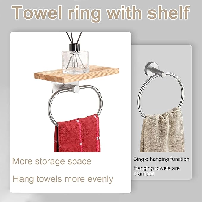 TocTen Hand Towel Holder for Bathroom Wall Mount Towel Ring with Wooden Shelf, Premium Metal Hand Towel Rack, Bathroom Accessories Rustic Hand Towel Hanger for Bathroom Kitchen RV(Brushed Nickel)
