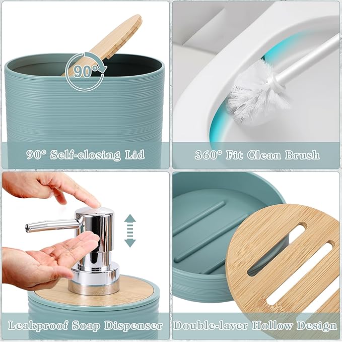 XLHOMO Blue Bathroom Set, Light Blue Bathroom Accessories Set with Trash Can, 2PCS Soap Dispensers, Soap Dish, Toothbrush Holder, Toothbrush Cup,Toilet Brush, Tray and Qtip Holders for Bathroom Decor