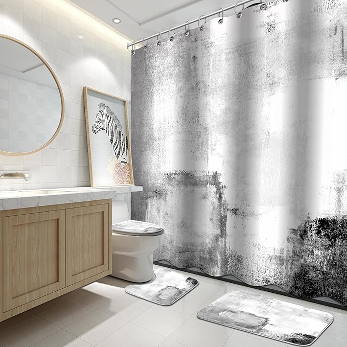 Lnond 4Pcs Bathroom Shower Curtain Sets with Rugs,White Black Painting Art Bathroom Sets with Shower Curtain and Rugs and Accessories