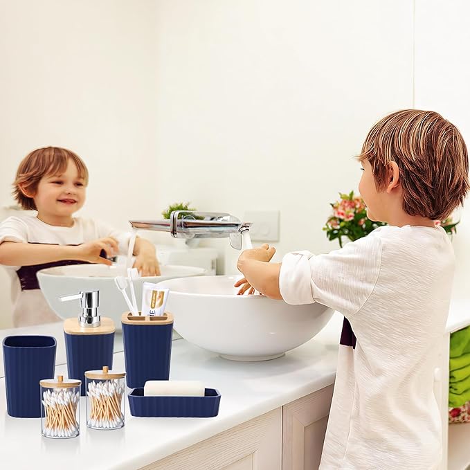 XLHOMO Blue Bathroom Set - Navy Blue Bathroom Accessories Set with with Trash Can,Toothbrush Holder,Toothbrush Cup,Soap Dispenser,Tray,Soap Dish,Toilet Brush,Qtip Holders for Bathroom Home Decor