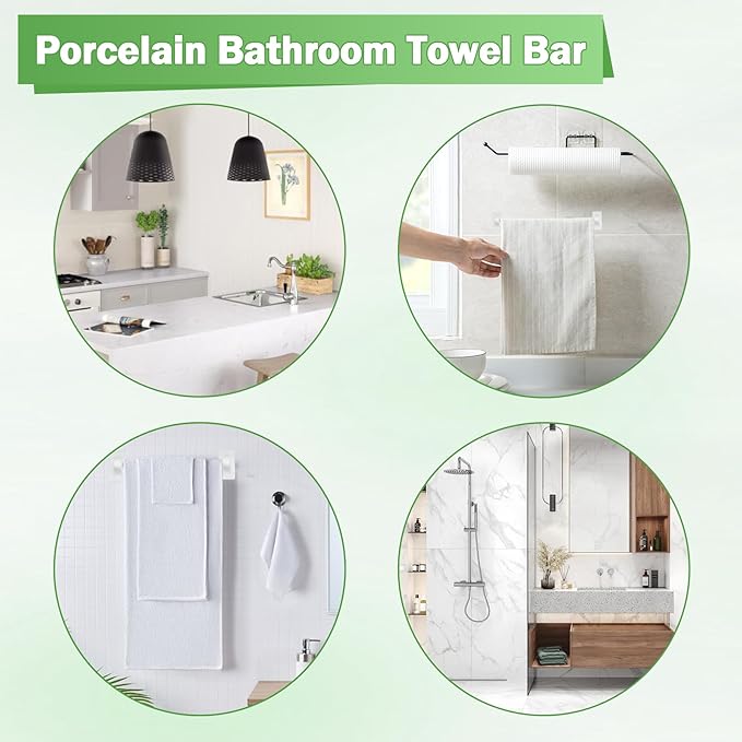 2 Pcs Mid Century White Porcelain Bathroom Towel Bar Set Bracket Modern Towel Bar Rod Rack Ceramic Tile Retro Towel Holder for Vintage Style Bathroom Accessories