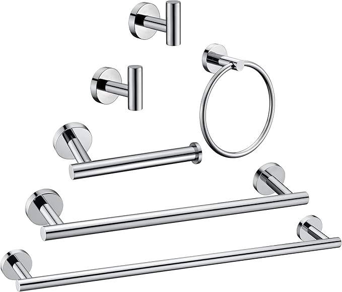 6 Pieces Polished Chrome Bathroom Hardware Accessories Set Hand Towel Ring 16&23.6 inch Round Towel Bar Toilet Paper Holder Towel Hooks 2 Pieces SUS 304 Stainless Steel,Heavy Duty,Wall Mounted