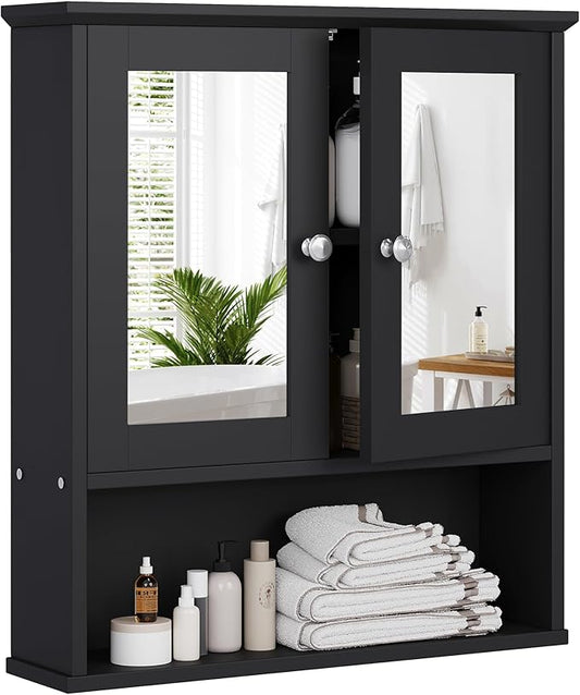 Meilocar Bathroom Wall Cabinet with Mirror, Bathroom Mirror Cabinet Wall Mounted, Over Toilet Medicine Cabinets with Adjustable Shelf, Large Capacity, Black