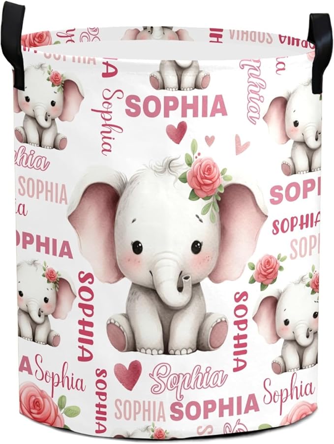 Large Custom Name Laundry Hamper, Elephant Personalized Dirty Clothes Hamper Storage Basket with Name for Bathroom Bedrooms, Customized Name Circular Hamper with Handles for Baby Boys Girls Men Women