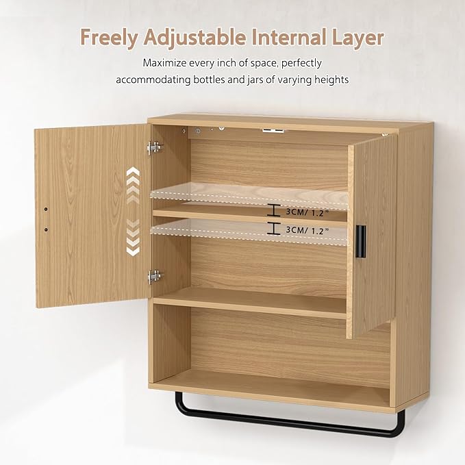 Bathroom Cabinet Wall Mounted: Over The Toilet Storage Cabinet with Adjustable Shelf & Towels Bar - 3-Tier Wood Medicine Cabines Large Space