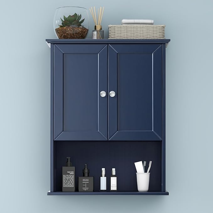 VANIRROR Bathroom Wall Cabinet Navy Blue Over Toilet Storage Cabinets 24x30 in Above Toilet Wood Medicine Cabinets Wall Mounted Bathroom Cabinet with 2 Door & Adjustable Shelf