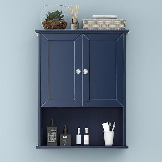 VANIRROR Bathroom Wall Cabinet Navy Blue Over Toilet Storage Cabinets 24x30 in Above Toilet Wood Medicine Cabinets Wall Mounted Bathroom Cabinet with 2 Door & Adjustable Shelf
