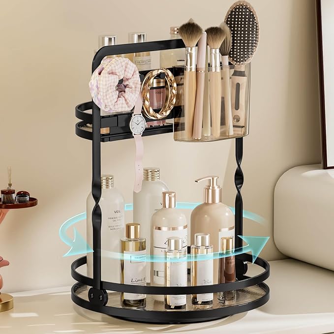 Rotating Makeup Organizer, Black Perfume Organizer for Dresser, Spinning Bathroom Countertop Organizer, 2 Tier Lazy Susan Vanity Tray Skincare Storage Cosmetic Display Case with Brush Holder