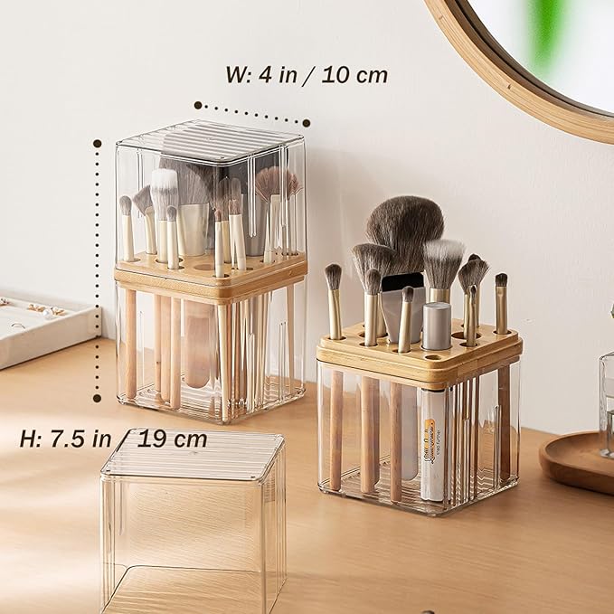 MORNITE Clear Makeup Brush Organizer with Lid, Freestanding 16-Slot Display Case Container Storage for Eyeliners, Lip Liners, Pencils Vanity or Bathroom Countertop Storage