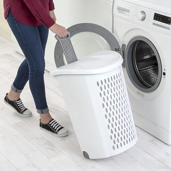 （1Pack)2-Bushel Plastic Laundry Basket on Wheels, Rolling Laundry Hamper with Wheels and Lid, Heavy-Duty Wheeled Hamper with Retractable Handle for Apartment & Dorm Room, White