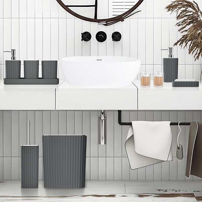 XLHOMO Bathroom Accessories Set - Gorgeous Grey Bathroom Set, 10PC Bathroom Accessory Set, Gray Bathroom Accessories Set, Trash Can, Qtip Holder Dispenser & Soap Dispenser