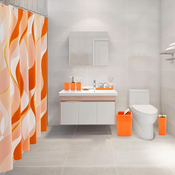 XLHOMO Orange Bathroom Accessories, Bathroom Sets with Stripe Shower Curtain, Orange and Gold Bathroom Accessories Set with Trash Can, Soap Dispenser, Soap Dish, Qtip Holders for Bathroom