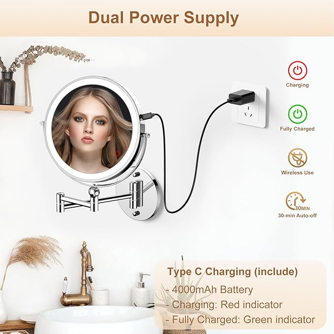 ZLOKLA 9" Wall Mounted Lighted Makeup Mirror,4000mAh Rechargeable Double Sided 1X/10X Magnifying Mirror with Light,Touch Dimmable,Extended Arm 360 Rotation Wall Mounted Makeup Mirror 3 Color Lights
