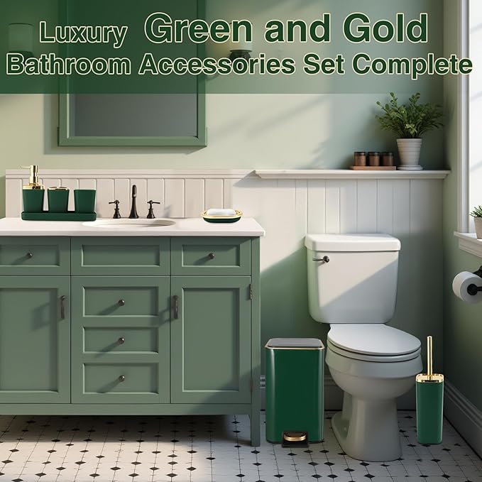 XLHOMO Bathroom Set Bathroom Accessories Set 8 Piece Green and Gold Bathroom Set, Bathroom Sets with Stainless Steel Trash Can,Toilet Brush,Toothbrush Set,Soap Dispenser