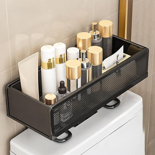 Bathroom Storage Rack Over The Toilet – Iron Back of Toilet Organizer for Draining & Storing Items (Black)