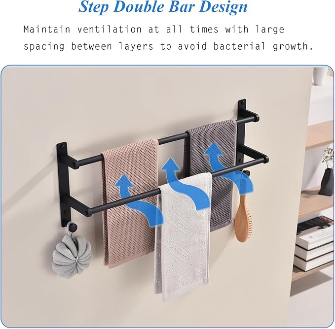 Matte Black Double Towel Rack with Hooks for Bathroom, 24 Inch Stainless Steel Wall Mounted Towel Bar Holder