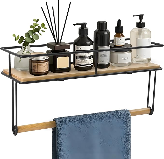 Hand Towel Holder with Wooden Shelf – Wall-Mounted Bathroom Shelf with Towel Bar - Perfect for Shower, Kitchen and Toilet - Matte Black