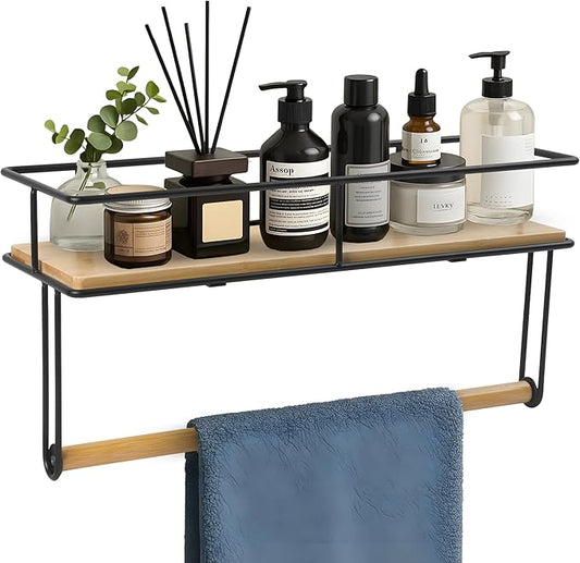 Hand Towel Holder with Wooden Shelf – Wall-Mounted Bathroom Shelf with Towel Bar - Perfect for Shower, Kitchen and Toilet - Matte Black