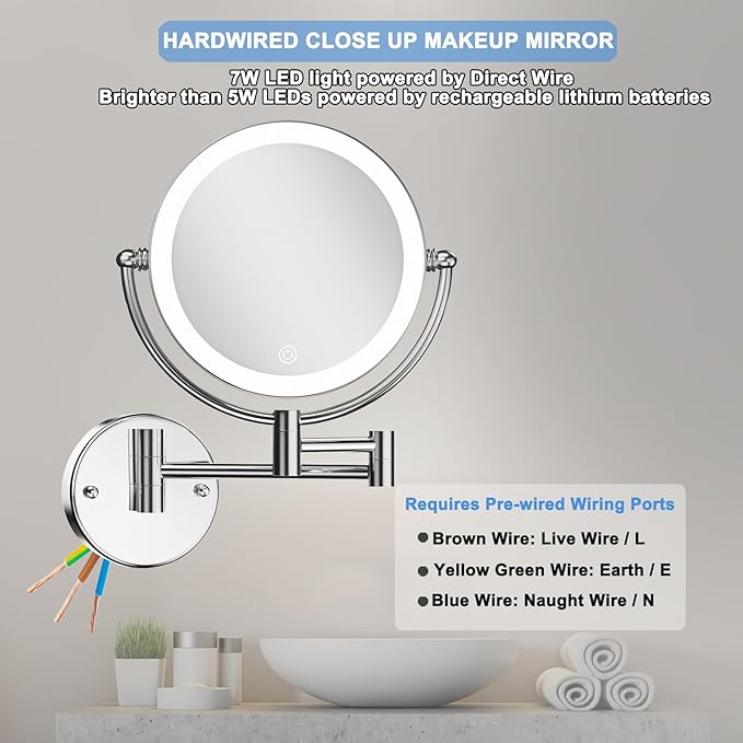 Hardwired Wall Mounted Makeup Mirror Magnifying, Double Sided 1/10X Magnifying Vanity Mirror with Lights 3 Color & Adjustable Brightness, 360 Swing Arm Shaving Mirror for Bathroom
