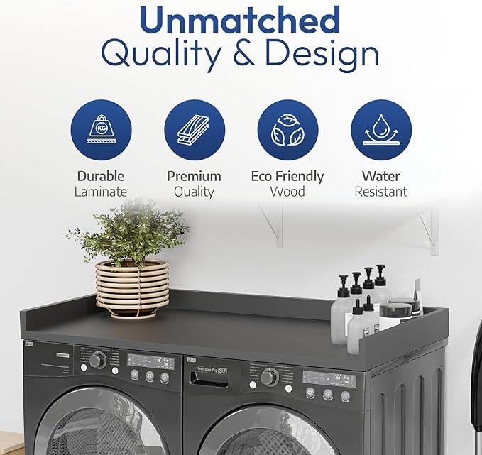 OfficeSimpli Washer Dryer Countertop, Made in USA, Non-Slip Pads, Laundry Room Wood Topper, Washer Dryer Cover for Top, Laundry Countertop, Laminate Finish (Slate Grey, Standard (27.5" x 54"))