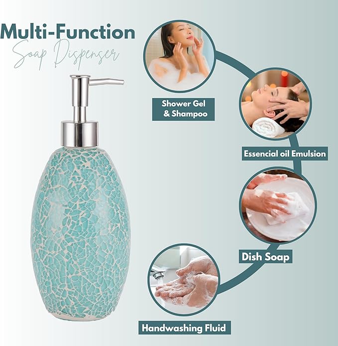Escenzy Stylish Green Bathroom Accessories Sets 4 Pcs | Luxurious Glass Soap Dispenser, Toothbrush Holder, Cotton Swab Jar, Vanity Tray | Modern Decor Bling Mosaic Glass Turquoise Bathroom Accessories
