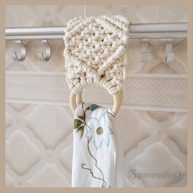 Framendino, 2 Pack Kitchen Crochet Towel Hanging Ring Towels Holder with Loop for Cabinets Oven Door Bathroom (White)