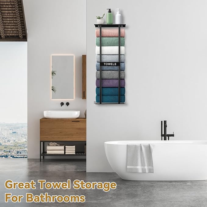 Vertical Towel Rack Wall Mounted - Metal Rolled Towel Holder, 31 Inch Black Space Saving Bathroom Storage Shelf for Shower, Toilet & RV (Black)