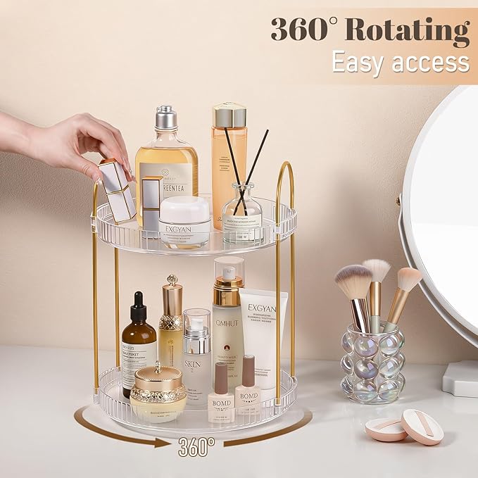Anyoifax 360 Rotating Makeup Organizer 2 Tier Large Capacity Perfume Skincare Tray for Dresser Spinning Bathroom Counter Organizer for Vanity Lazy Susan Turntable Storage for Kitchen, Clear
