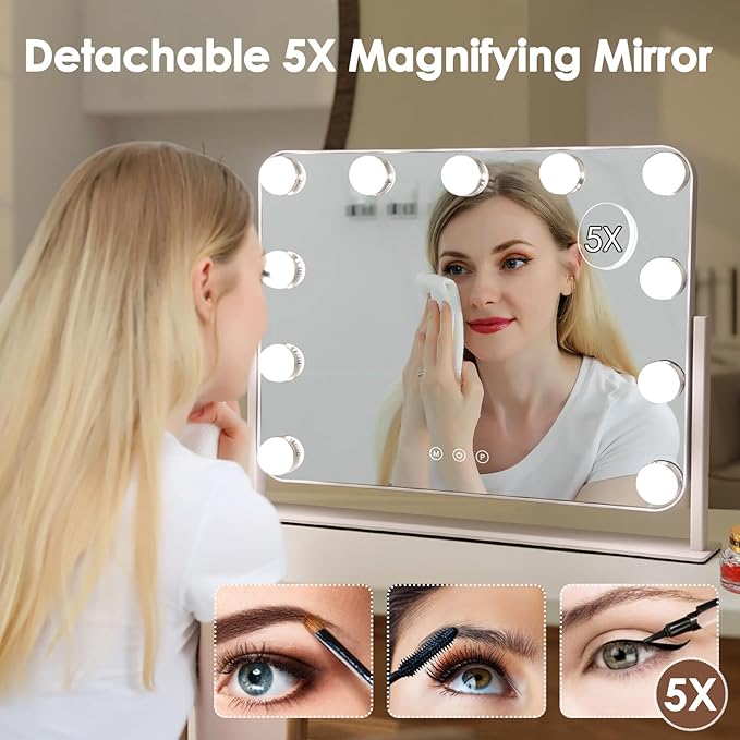 DenCert 360° Vanity Mirror with Lights 11 Led Bulbs Hollywood Lighted Makeup Mirror with 5X Magnification Mirror Hollywood Cosmetic Mirror Tabletop Makeup Mirror with 3 Lighting Modes 16x13 Inch