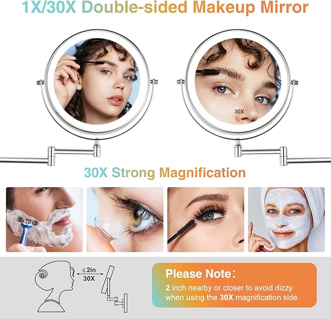GREENFROM 30X LED Lighted Makeup Mirror: 8.5in Wall Mounted Magnifying Mirror with Light - Chrome